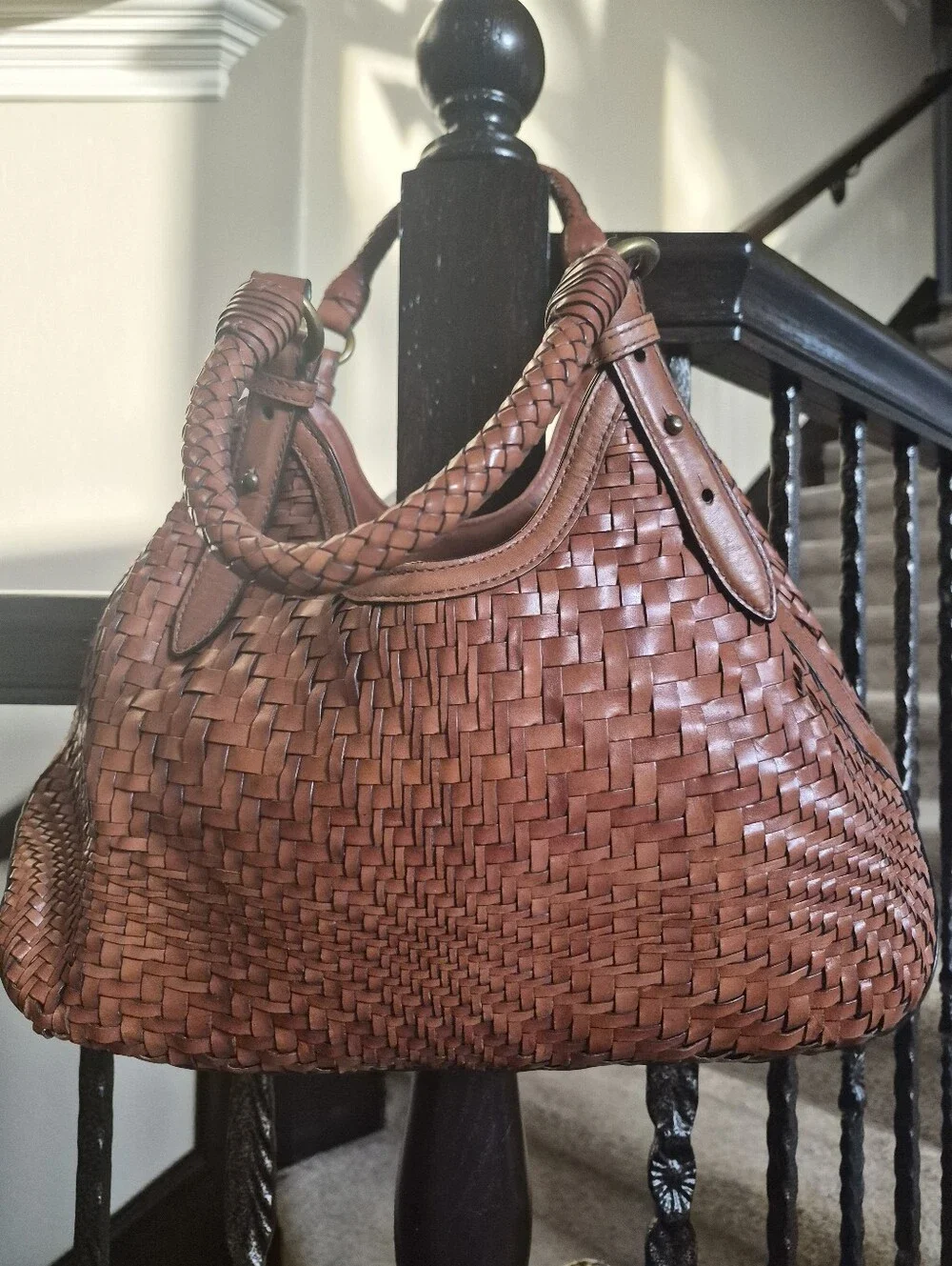 Cole Haan Genevieve Woven Leather Triangle Tote Hobo Bag Brown